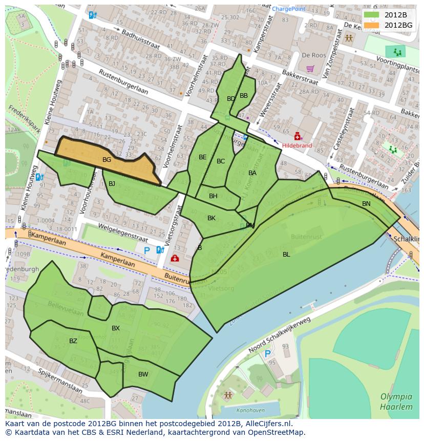 Afbeelding van het postcodegebied 2012 BG op de kaart.