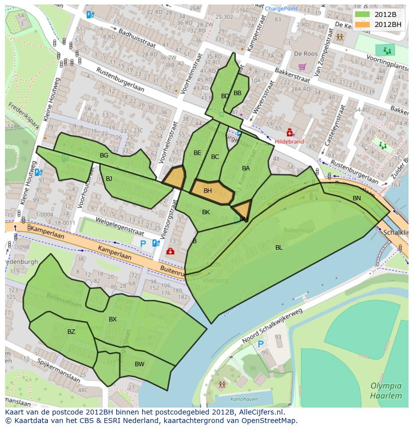 Afbeelding van het postcodegebied 2012 BH op de kaart.