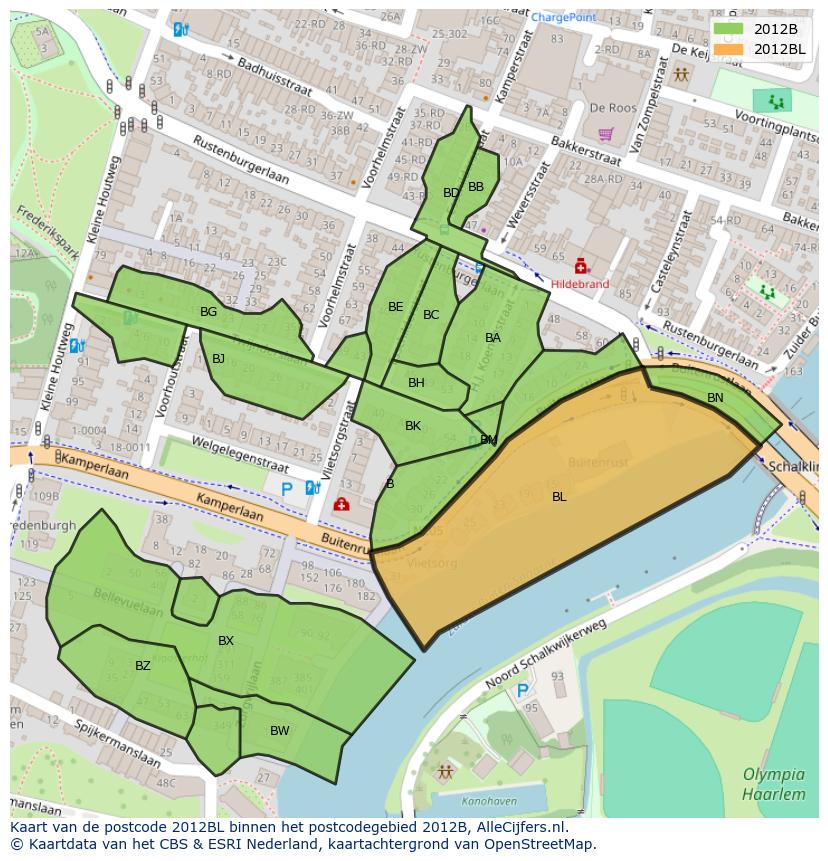 Afbeelding van het postcodegebied 2012 BL op de kaart.