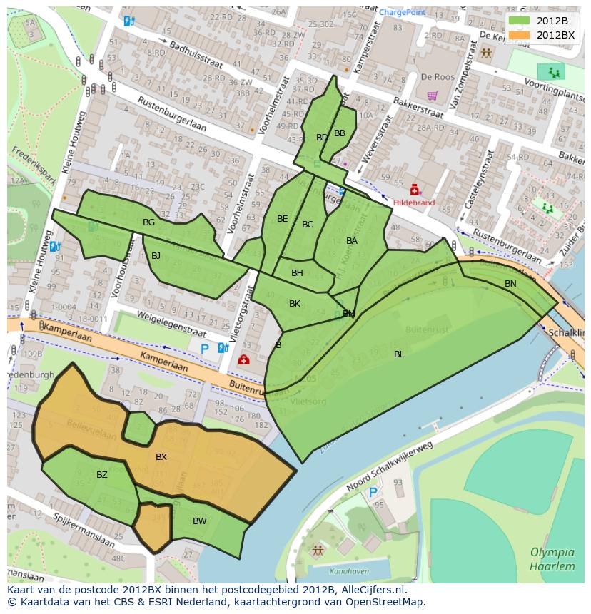 Afbeelding van het postcodegebied 2012 BX op de kaart.