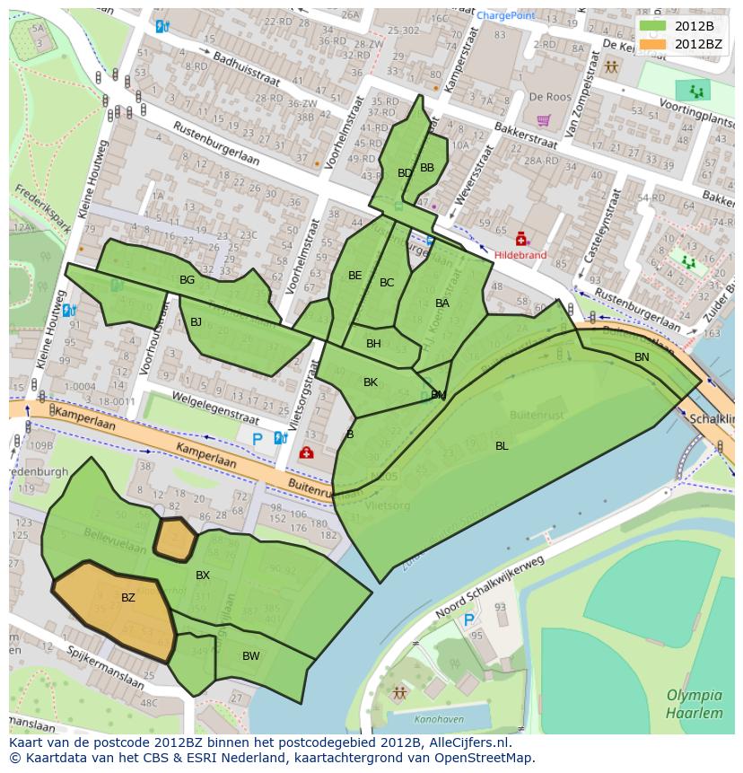 Afbeelding van het postcodegebied 2012 BZ op de kaart.