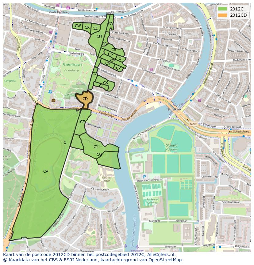 Afbeelding van het postcodegebied 2012 CD op de kaart.