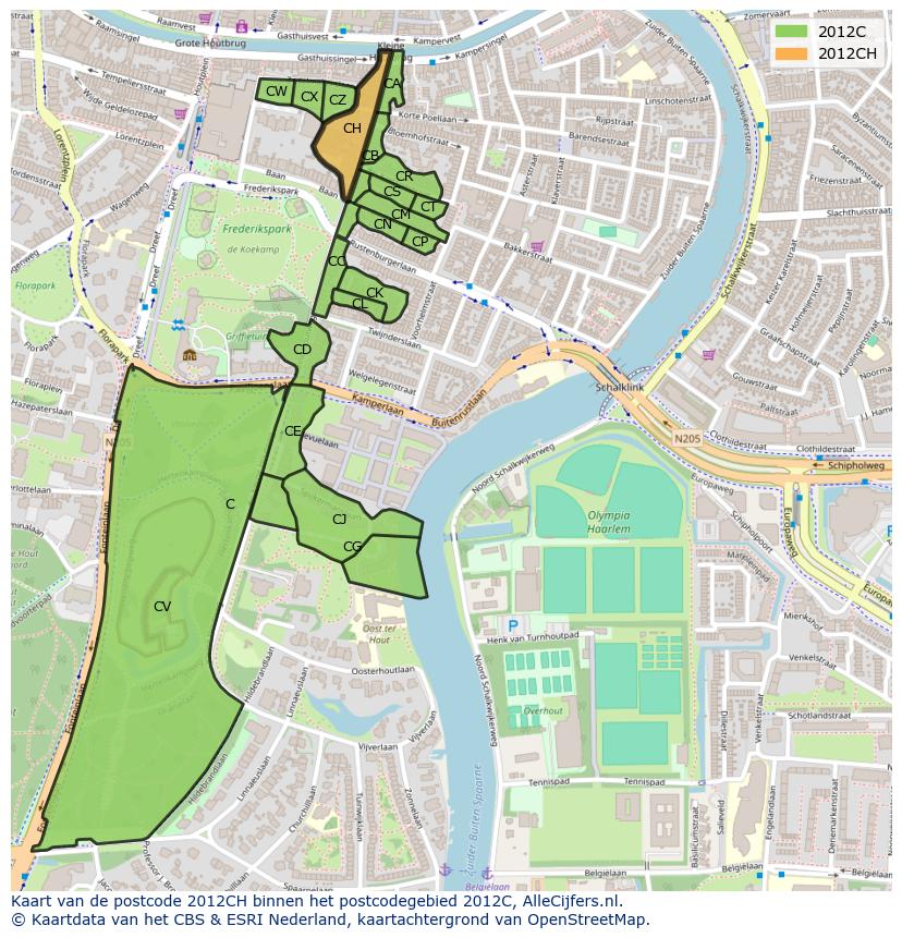 Afbeelding van het postcodegebied 2012 CH op de kaart.
