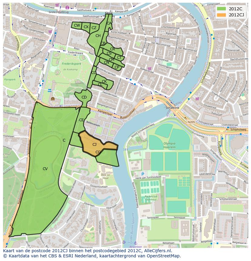 Afbeelding van het postcodegebied 2012 CJ op de kaart.