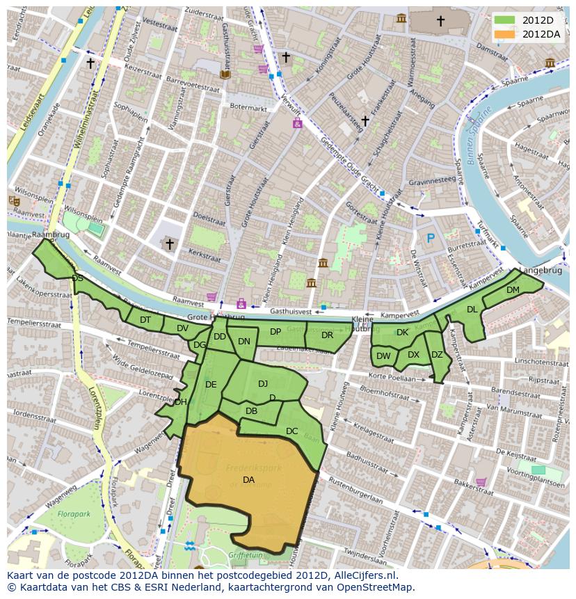 Afbeelding van het postcodegebied 2012 DA op de kaart.