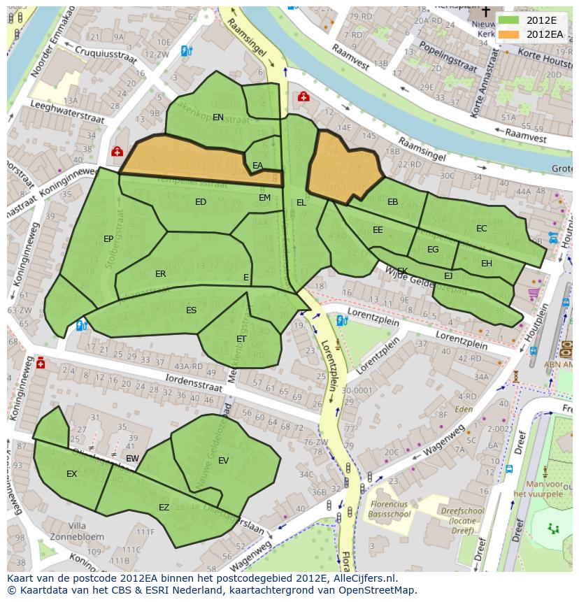 Afbeelding van het postcodegebied 2012 EA op de kaart.