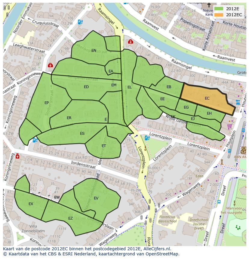 Afbeelding van het postcodegebied 2012 EC op de kaart.