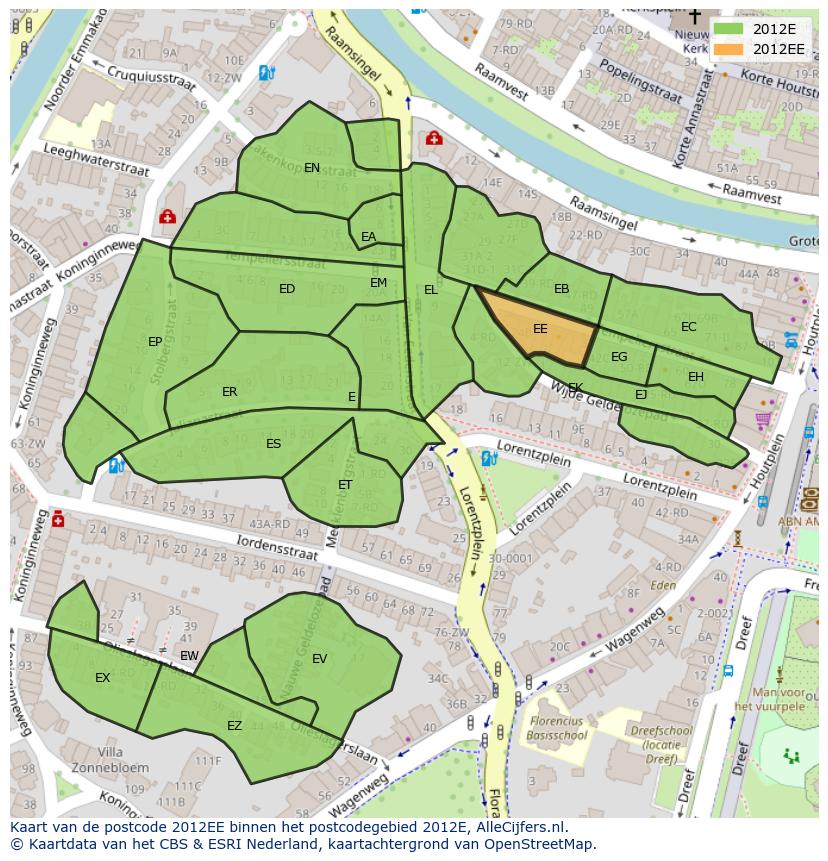 Afbeelding van het postcodegebied 2012 EE op de kaart.