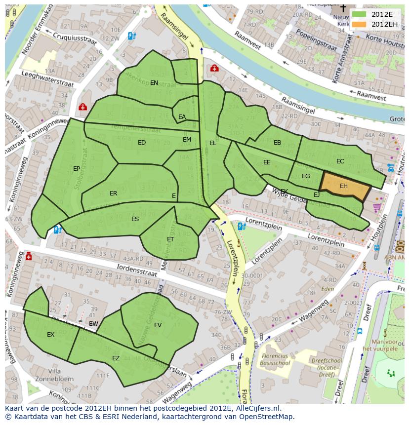 Afbeelding van het postcodegebied 2012 EH op de kaart.