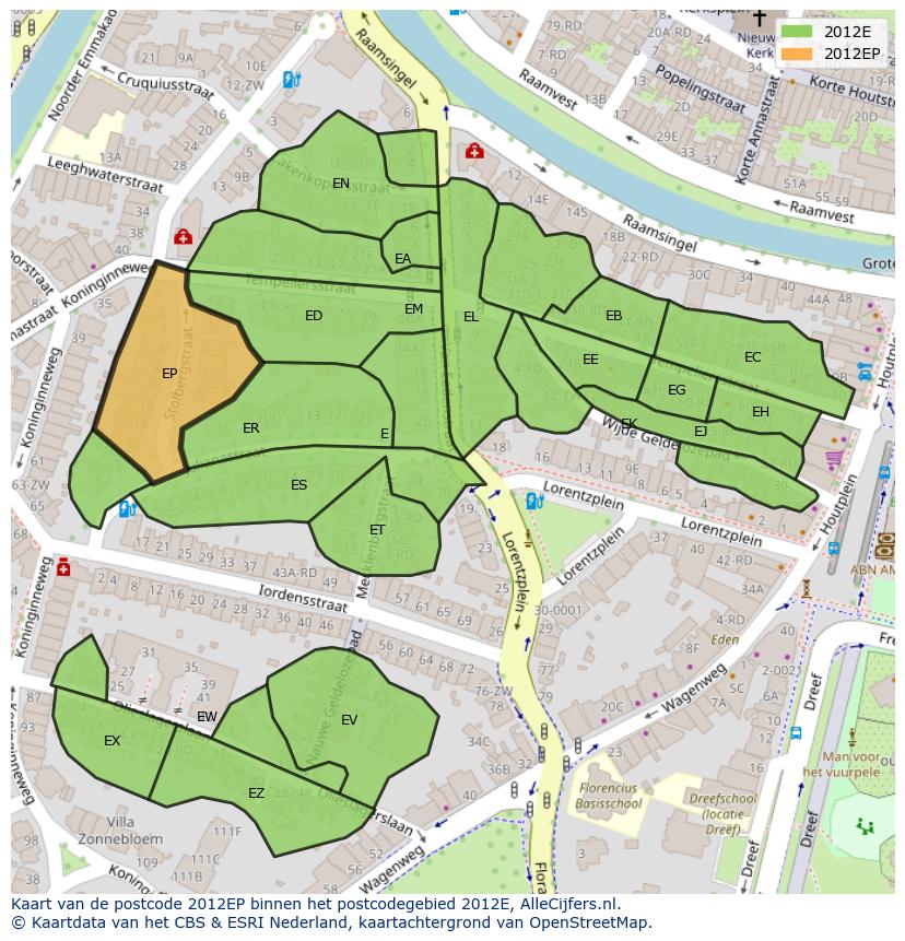 Afbeelding van het postcodegebied 2012 EP op de kaart.