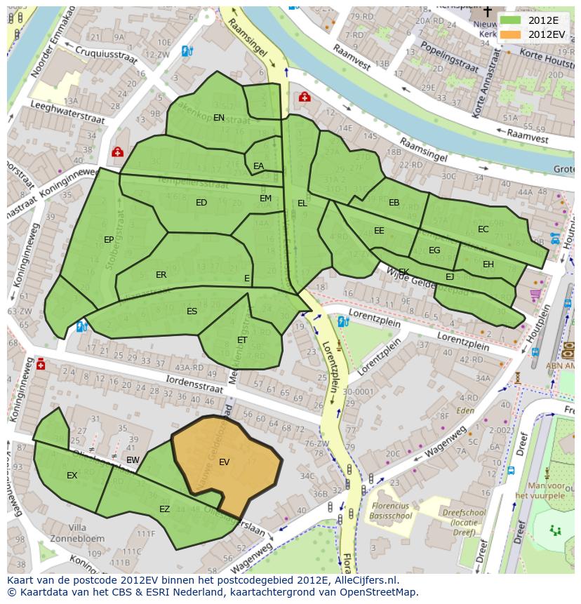 Afbeelding van het postcodegebied 2012 EV op de kaart.