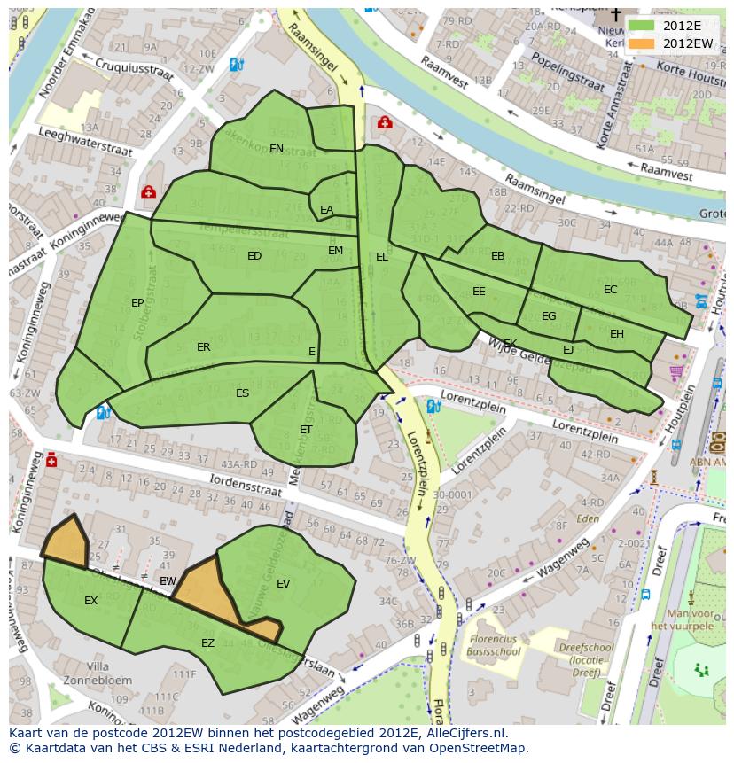 Afbeelding van het postcodegebied 2012 EW op de kaart.
