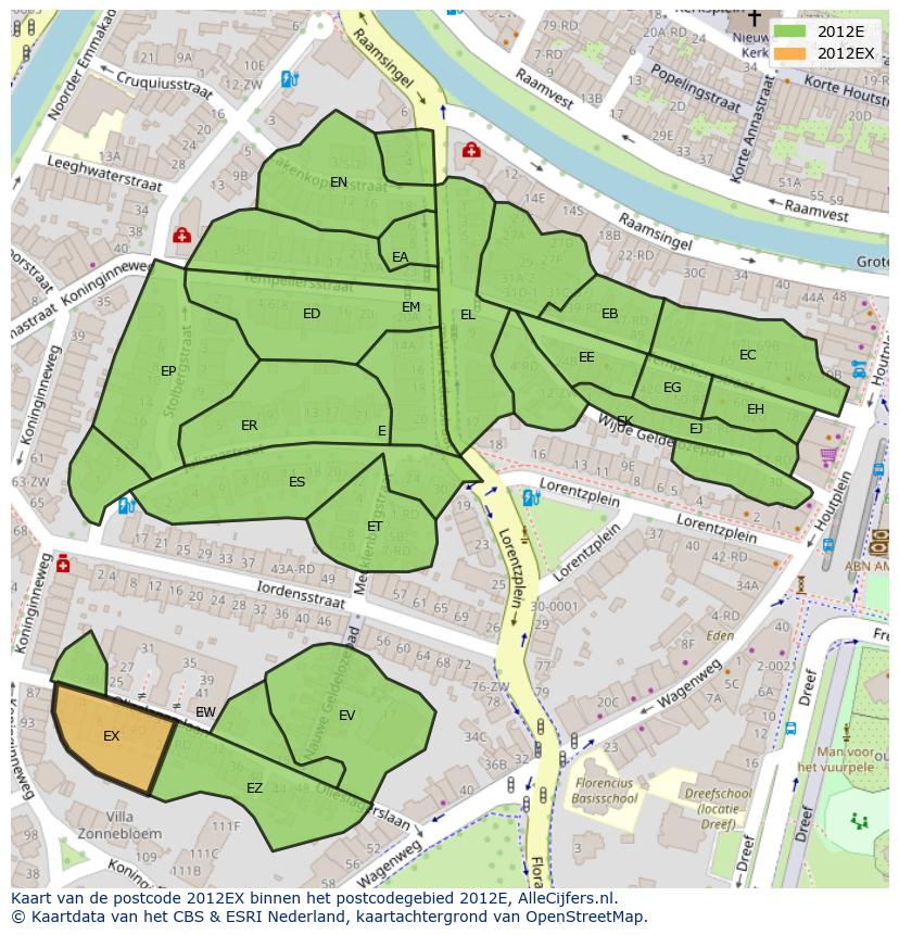 Afbeelding van het postcodegebied 2012 EX op de kaart.