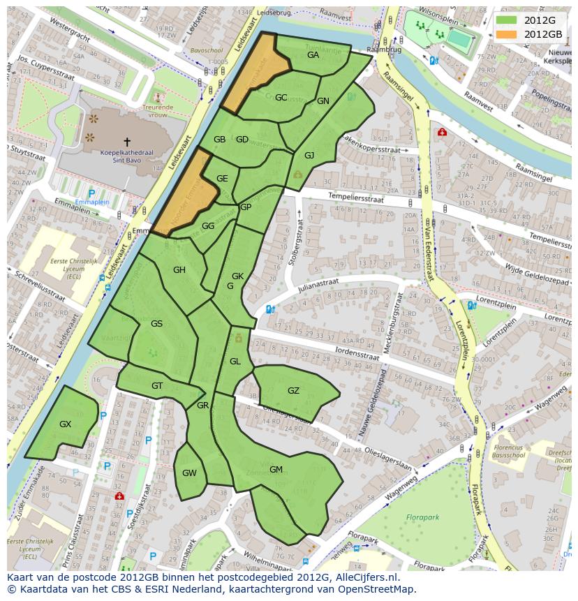 Afbeelding van het postcodegebied 2012 GB op de kaart.