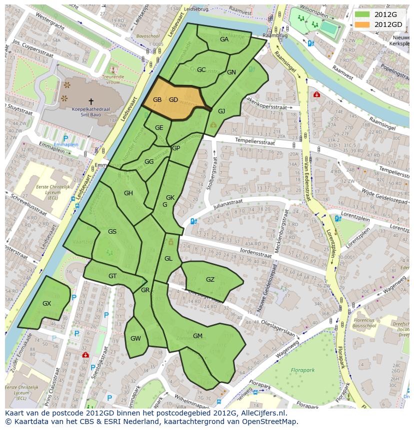 Afbeelding van het postcodegebied 2012 GD op de kaart.