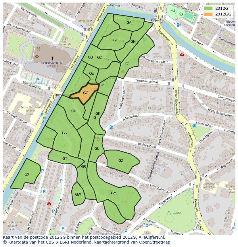 Afbeelding van het postcodegebied 2012 GG op de kaart.