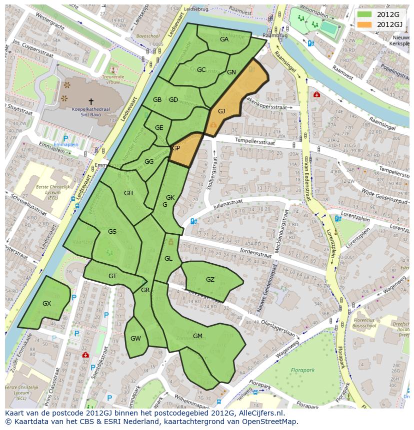 Afbeelding van het postcodegebied 2012 GJ op de kaart.