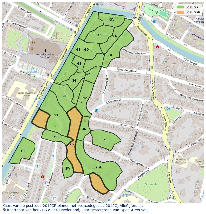 Afbeelding van het postcodegebied 2012 GR op de kaart.