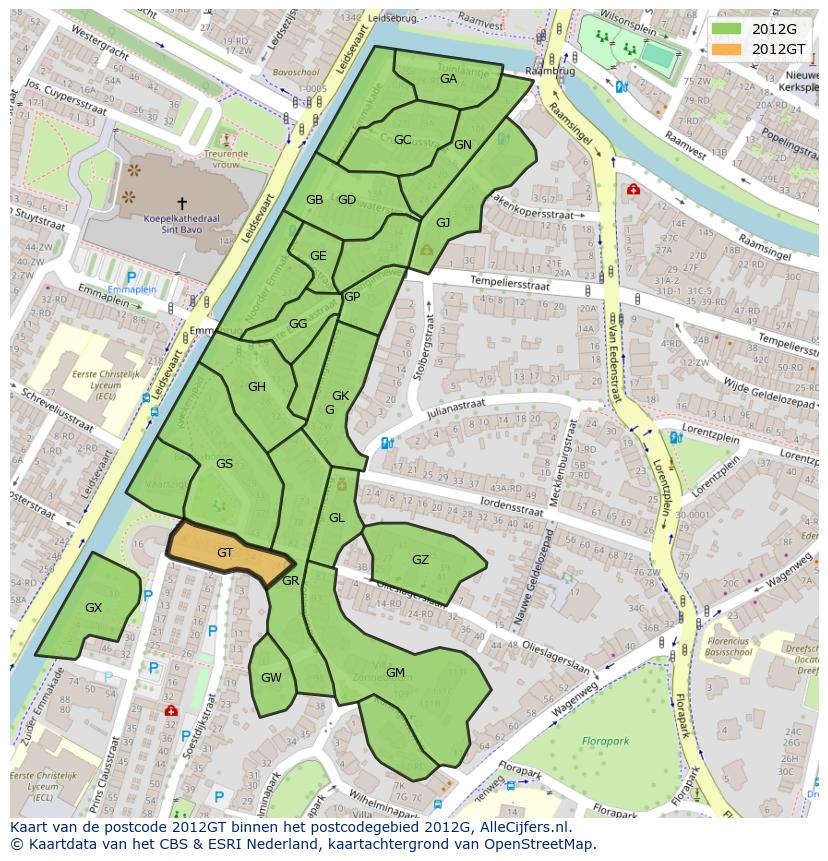 Afbeelding van het postcodegebied 2012 GT op de kaart.