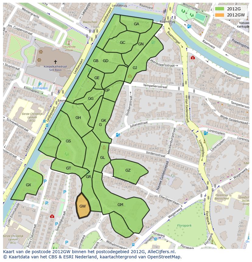 Afbeelding van het postcodegebied 2012 GW op de kaart.