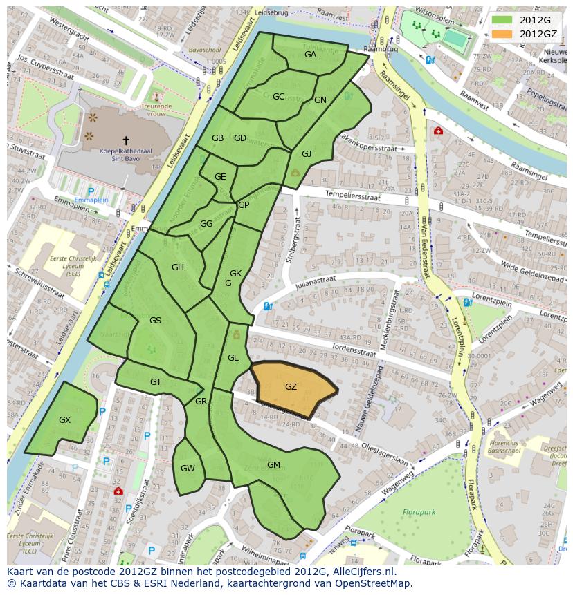 Afbeelding van het postcodegebied 2012 GZ op de kaart.