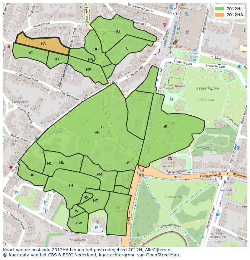 Afbeelding van het postcodegebied 2012 HA op de kaart.