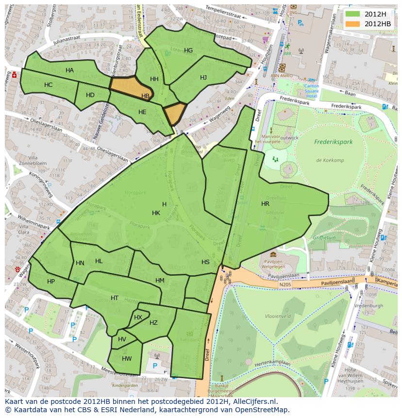 Afbeelding van het postcodegebied 2012 HB op de kaart.