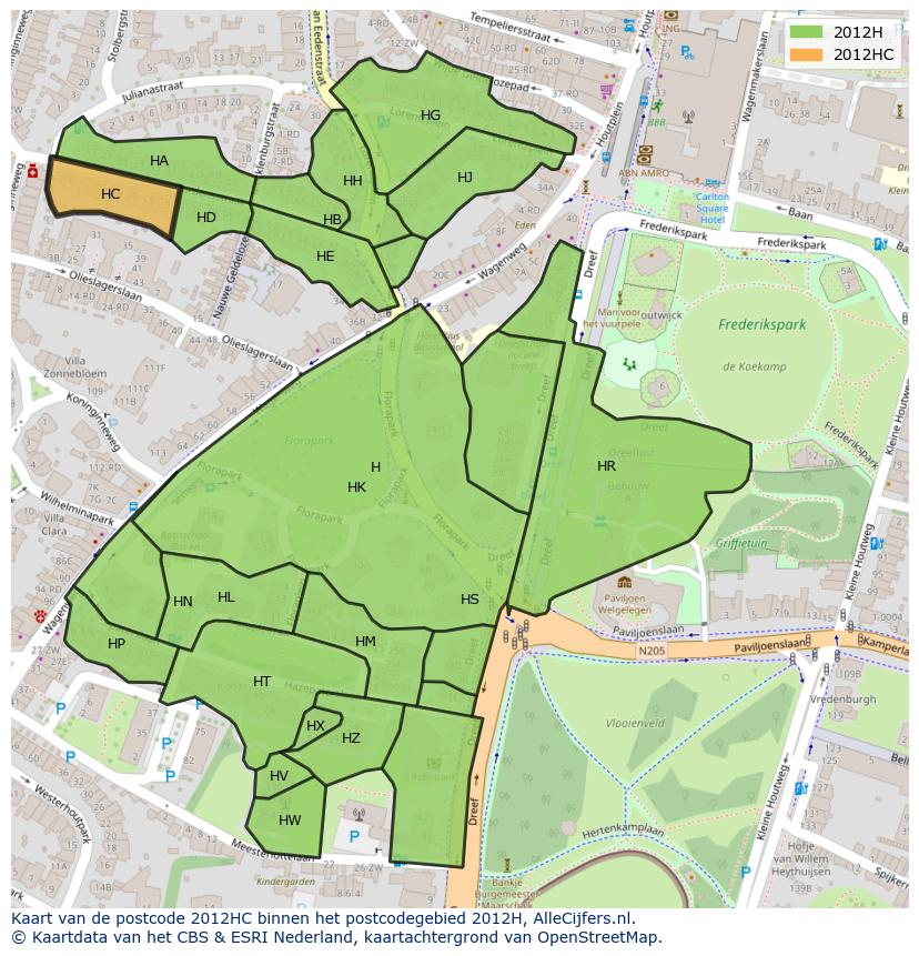 Afbeelding van het postcodegebied 2012 HC op de kaart.