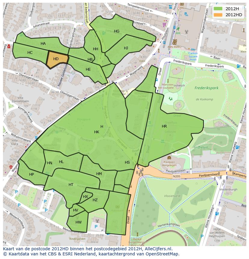 Afbeelding van het postcodegebied 2012 HD op de kaart.
