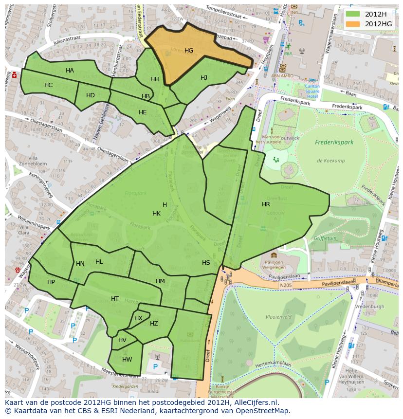 Afbeelding van het postcodegebied 2012 HG op de kaart.