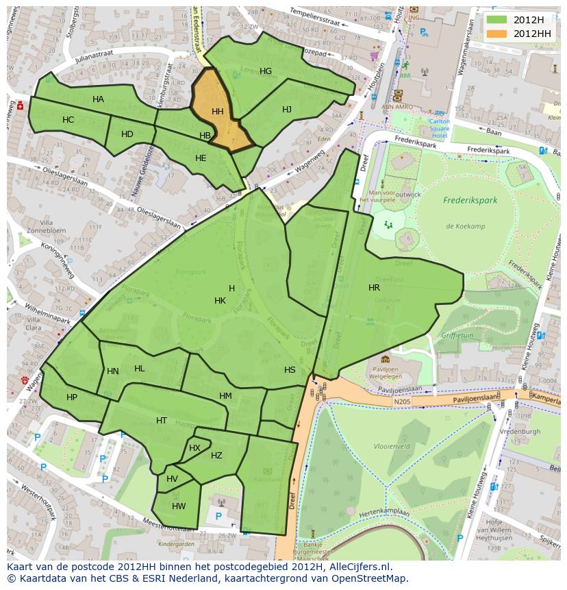 Afbeelding van het postcodegebied 2012 HH op de kaart.