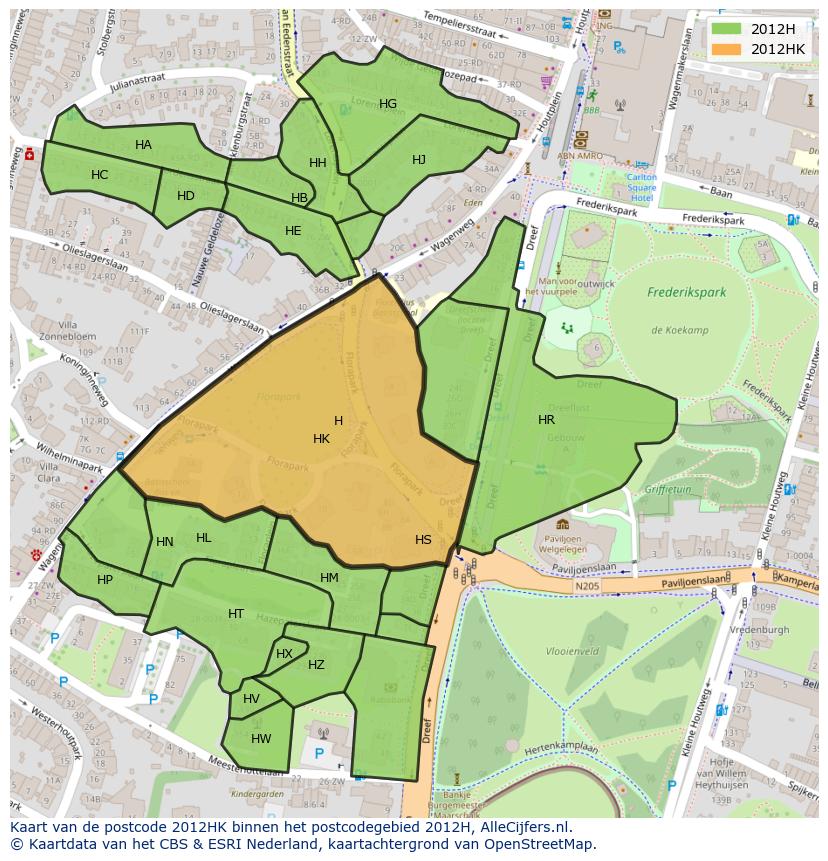 Afbeelding van het postcodegebied 2012 HK op de kaart.