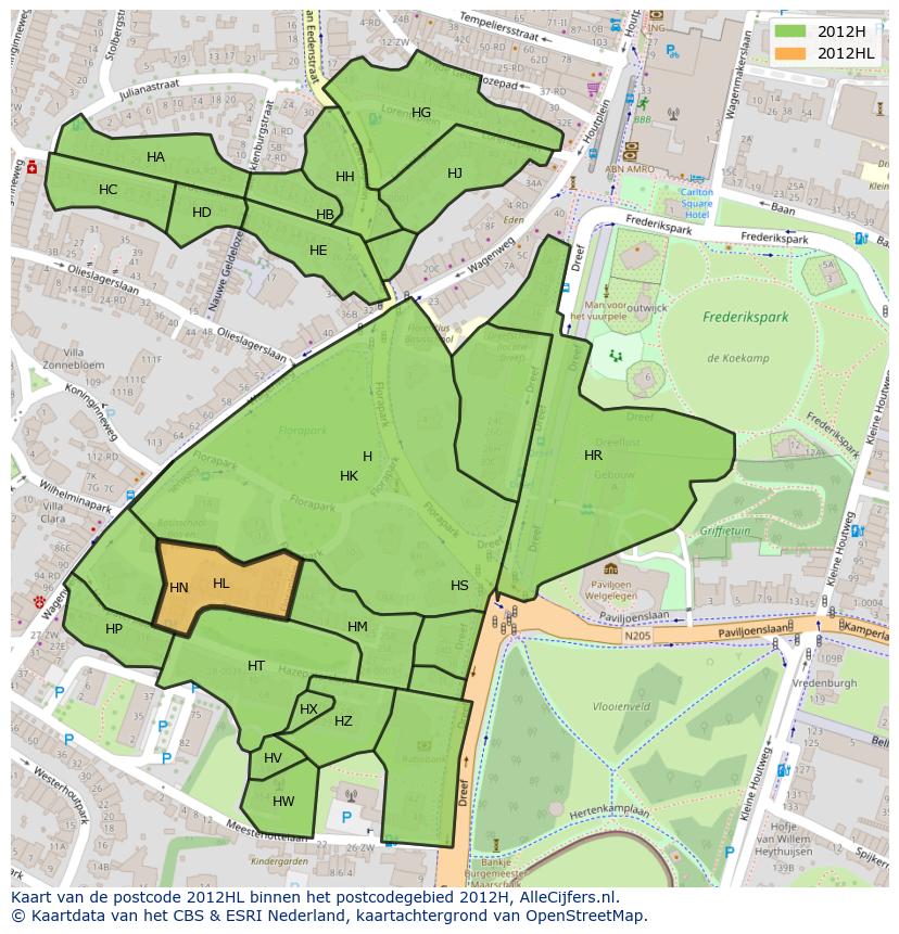 Afbeelding van het postcodegebied 2012 HL op de kaart.