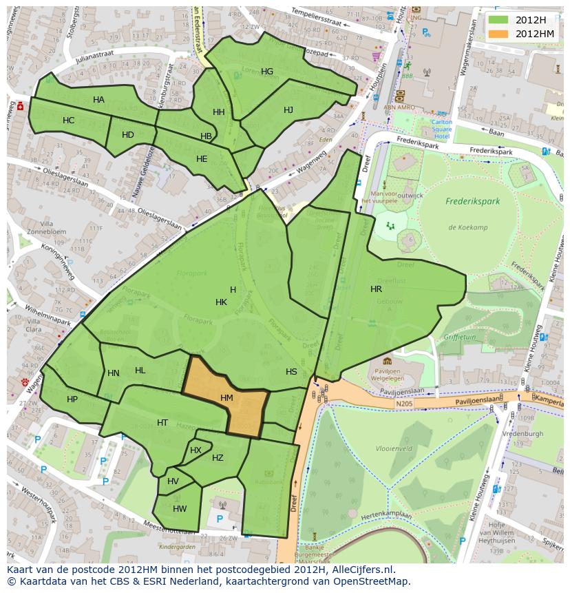 Afbeelding van het postcodegebied 2012 HM op de kaart.