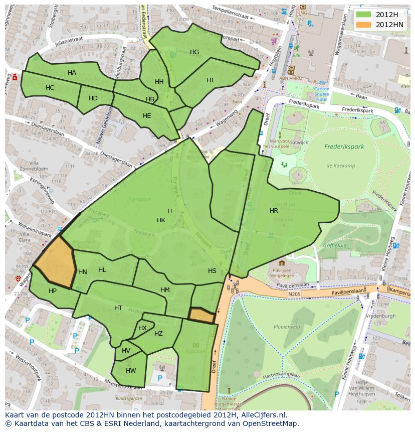 Afbeelding van het postcodegebied 2012 HN op de kaart.