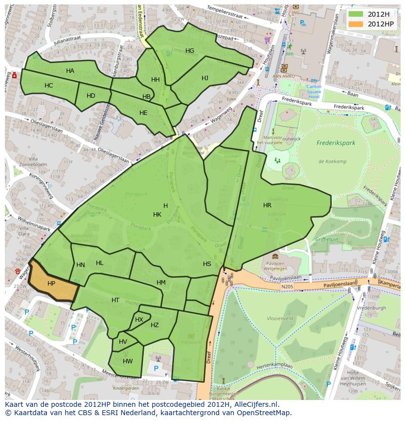 Afbeelding van het postcodegebied 2012 HP op de kaart.