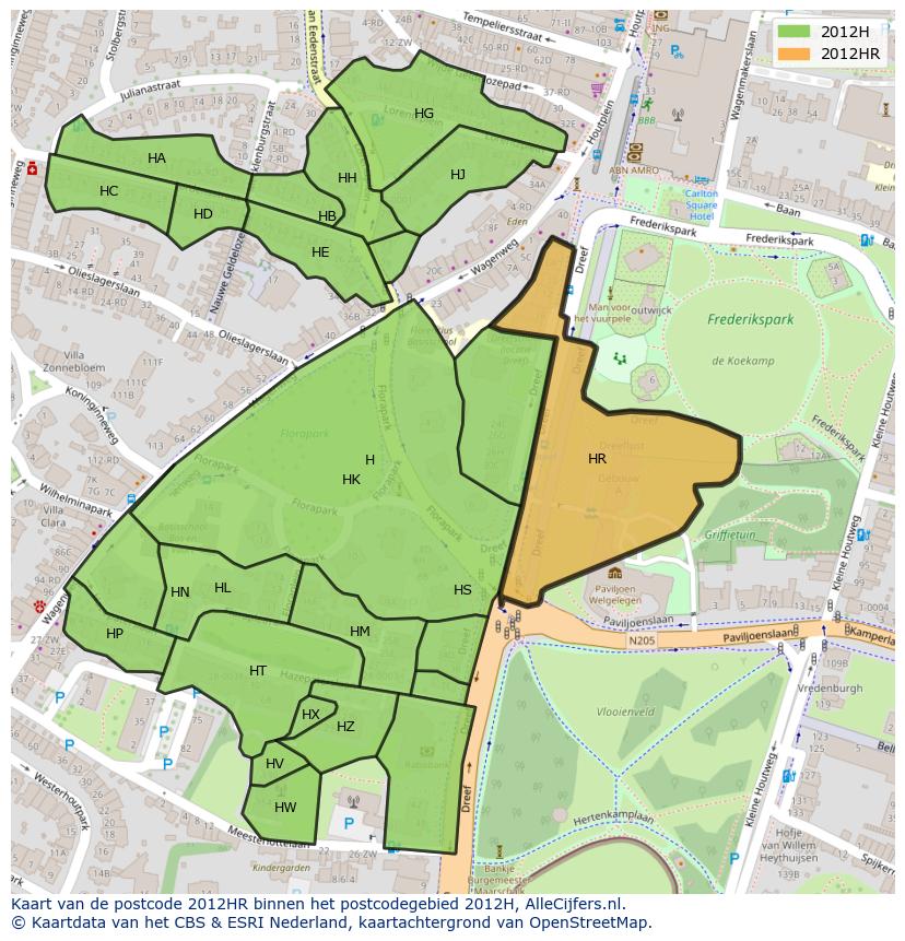 Afbeelding van het postcodegebied 2012 HR op de kaart.