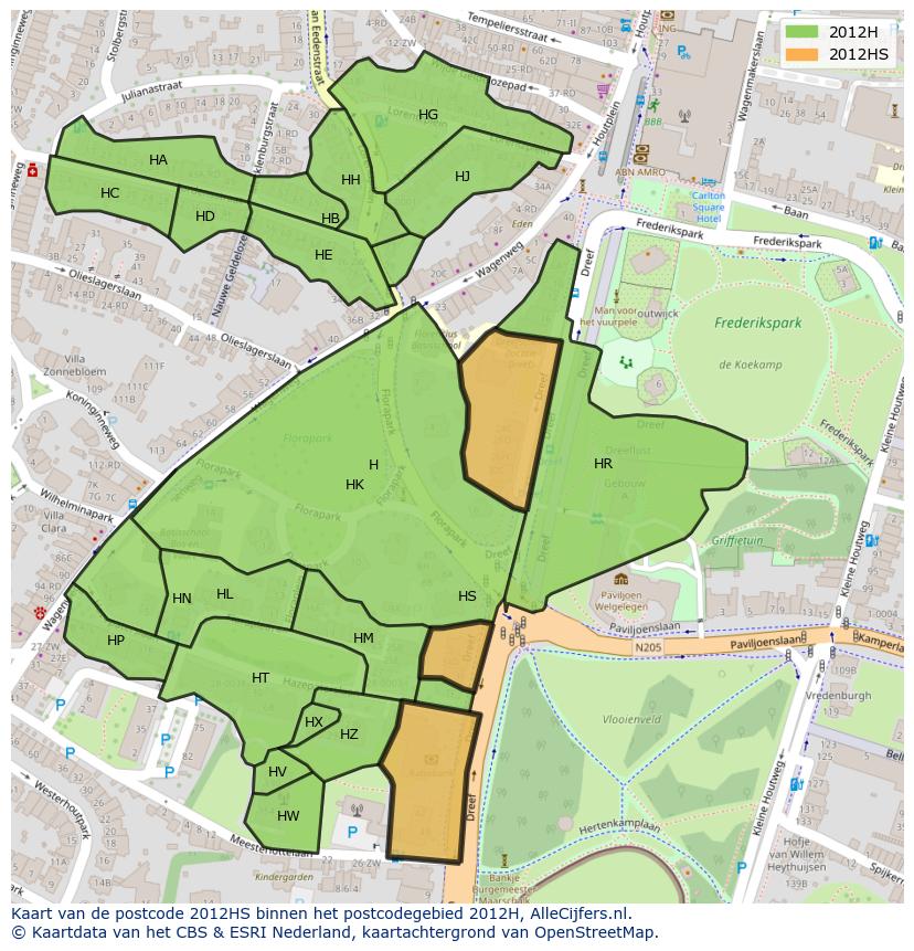 Afbeelding van het postcodegebied 2012 HS op de kaart.