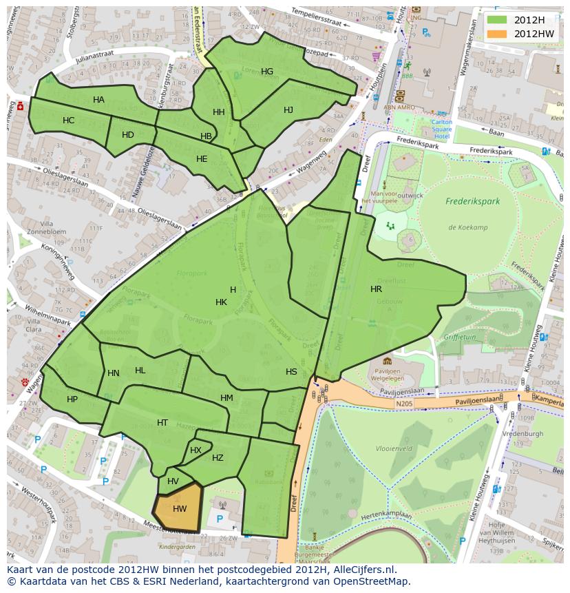 Afbeelding van het postcodegebied 2012 HW op de kaart.
