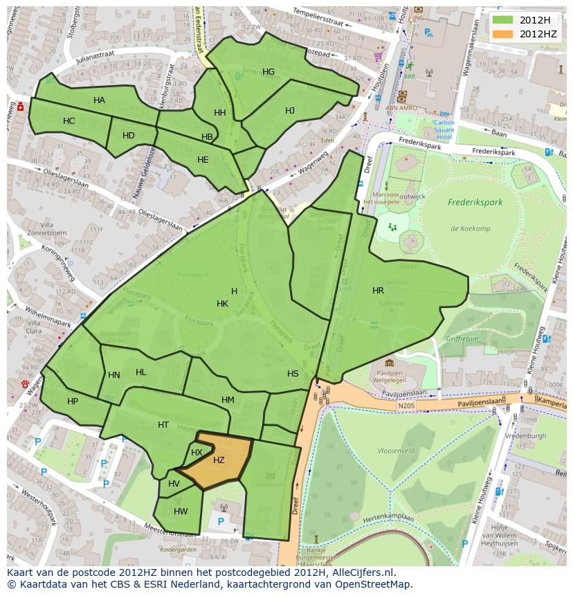 Afbeelding van het postcodegebied 2012 HZ op de kaart.