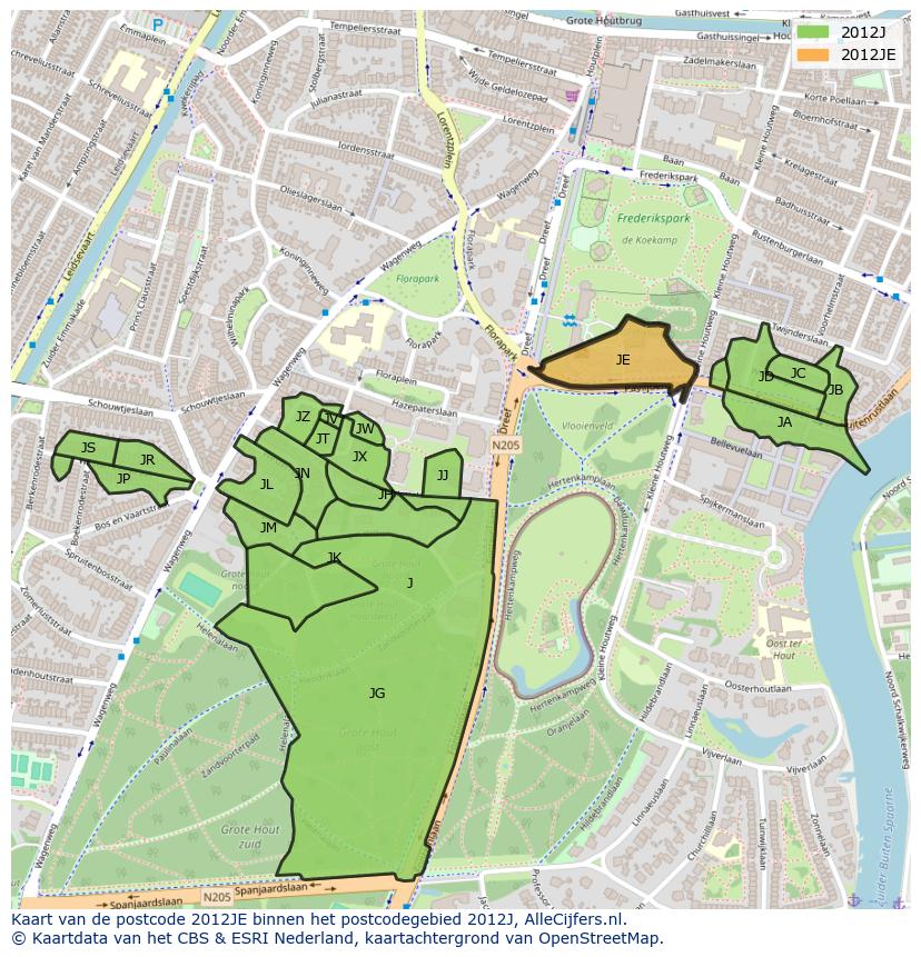 Afbeelding van het postcodegebied 2012 JE op de kaart.