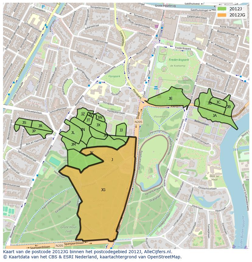 Afbeelding van het postcodegebied 2012 JG op de kaart.