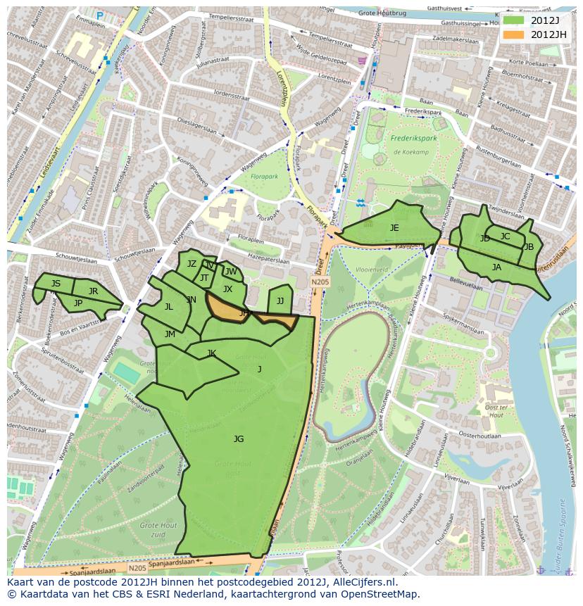 Afbeelding van het postcodegebied 2012 JH op de kaart.