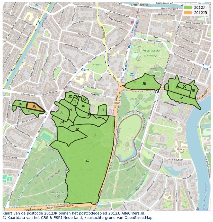Afbeelding van het postcodegebied 2012 JR op de kaart.