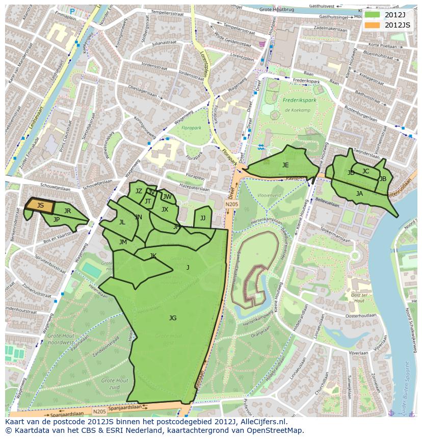 Afbeelding van het postcodegebied 2012 JS op de kaart.