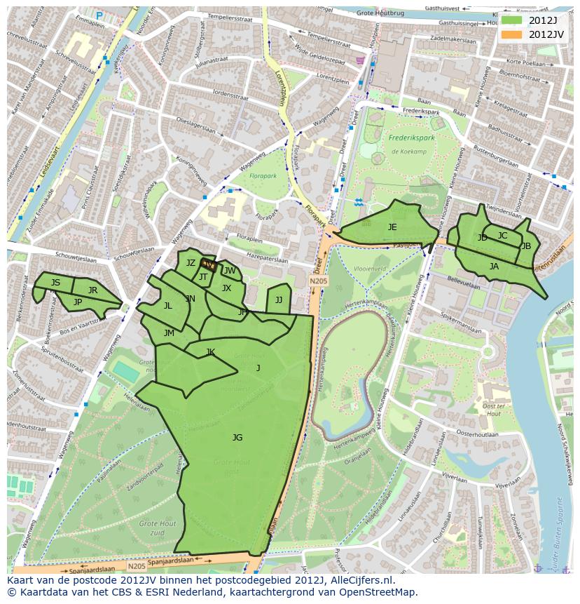 Afbeelding van het postcodegebied 2012 JV op de kaart.