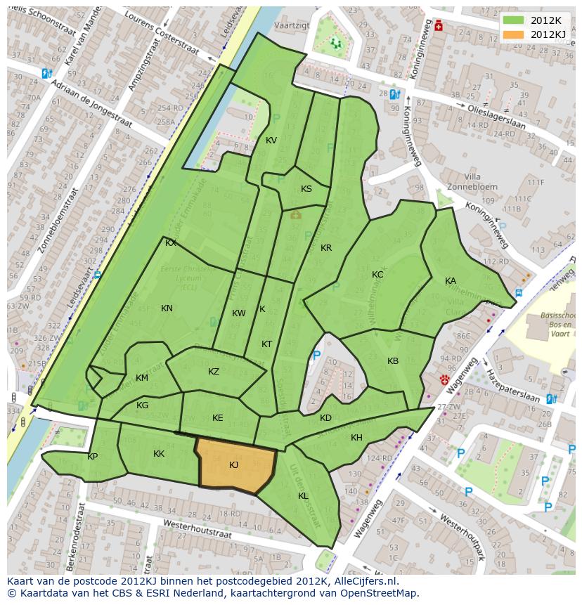 Afbeelding van het postcodegebied 2012 KJ op de kaart.