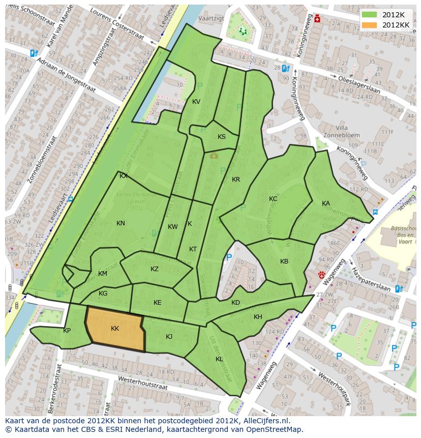 Afbeelding van het postcodegebied 2012 KK op de kaart.