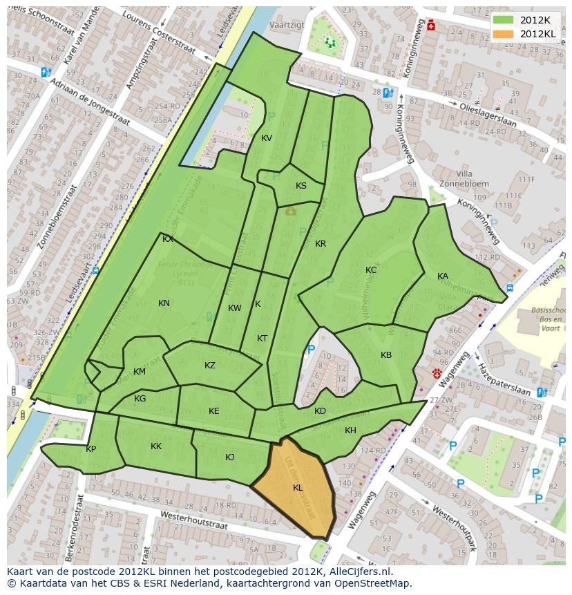 Afbeelding van het postcodegebied 2012 KL op de kaart.