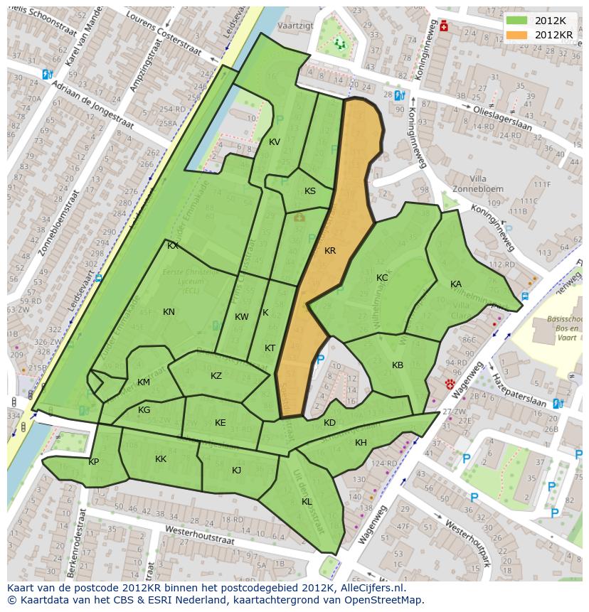 Afbeelding van het postcodegebied 2012 KR op de kaart.